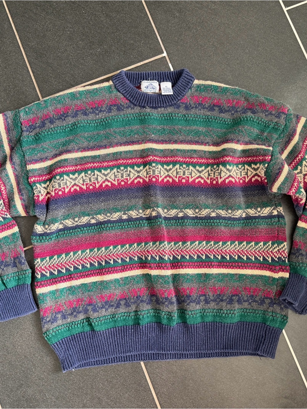 Vintage Cambridge 90s Coogi-Style Knit Sweater XL Navy Green Burgundy Striped Fa